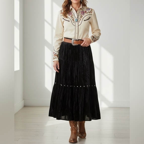 Truly Western Dresses & Skirts - Woman’s Black Velvet Midi Skirt with Stud Details